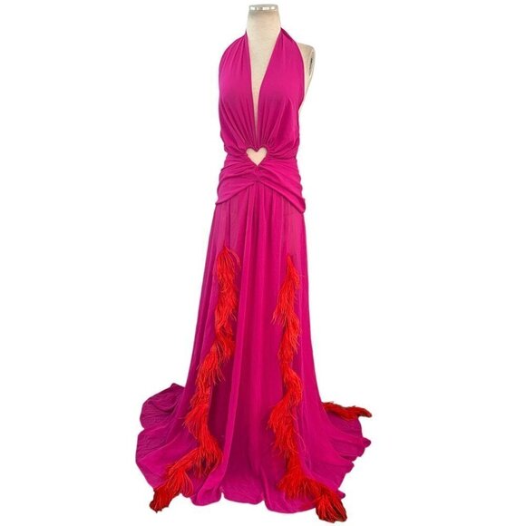 NERVI Maria Clara Feather Dress in Fuchsia 36 New Womens Long Maxi Heart Gown - Picture 4 of 16